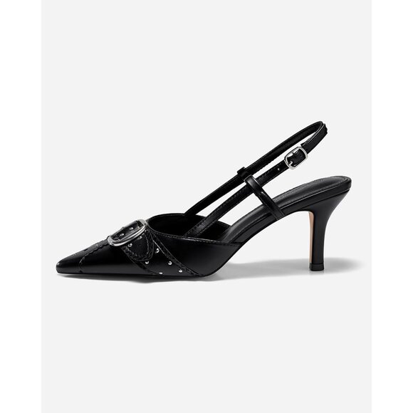 💫 Women Black Slingback Kitten Heel Studded PointedToe Pumps Buckle Party Shoes - Picture 4 of 7